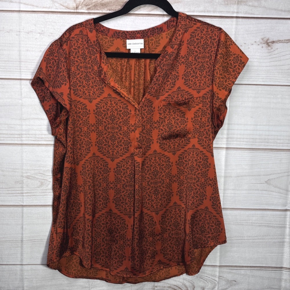 Liz Claiborne Rust Orange Damask Medallion Print V-Neck Blouse Top Large